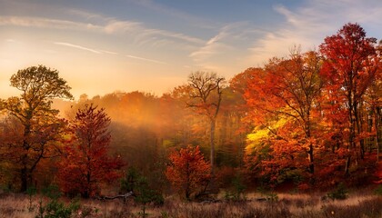  A secluded woodland at dawn features trees in warm hues of red and gold against an autumnal_1(518)