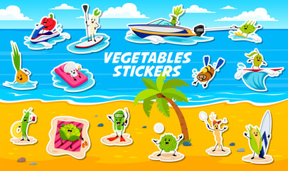 Stickers pack of cartoon vegetable characters on summer vacation enjoying outdoor activities at the beach. Vector vegs engaging in water sports like surfing, paddleboarding, jet skiing and snorkeling