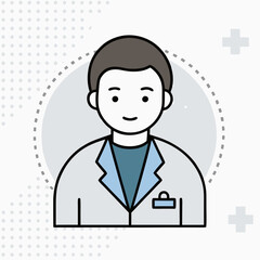 A man in a white lab coat is smiling. He is wearing a blue shirt and a blue tie