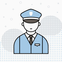 A man in a blue uniform with a badge on his hat. He is wearing a tie and has a badge on his hat