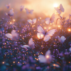 Butterflies and Purple Wildflowers at Sunset with Sparkling Light, Whimsical Scene of Butterflies in Blooming Meadow Under Soft Twilight Glow