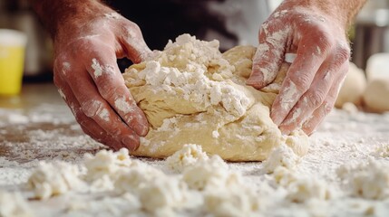 Fototapeta premium Hands kneading dough on a floured surface in a cozy kitchen during the morning