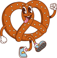 Groovy pretzel character with a playful expression, wearing colorful sneakers and gloves, exudes a fun and whimsical vibe. Isolated cartoon vector fresh bakery snacking personage with cheerful smile © Buch&Bee