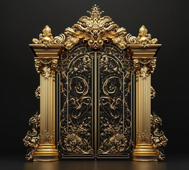Luxurious Gold Ornate Gate with Intricate Details on Black Background, Featuring Elegant Baroque Designs and Regal Architectural Elements