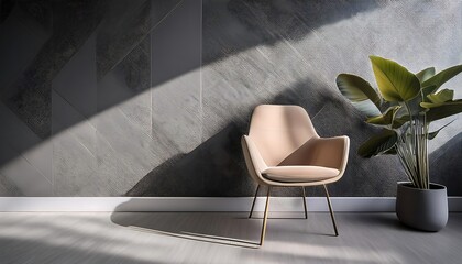  A minimalist beige chair sits in a gray room with textured walls and clean lines, showc_1(416)