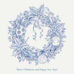 Christmas wicker wreath composition with bells balls ribbons bow holly berries mistletoe. Blue beige Toile Vector vintage illustration. Hand drawn. Background for design greeting card, holiday decor © Olha