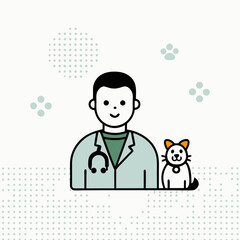 A cartoon of a man in a white coat holding a cat. The cat is wearing a collar