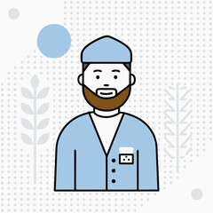 A man with a beard and a blue jacket is smiling. He is wearing a white shirt and a blue vest