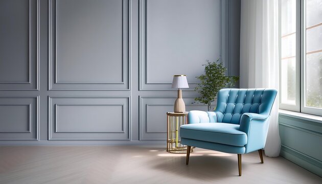  A light gray room with a pastel blue chair, classic panels, and a large window, perfect for_1(382)