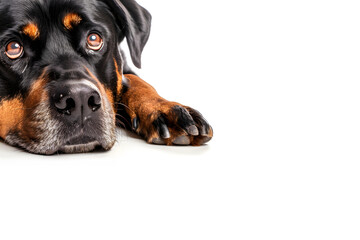 Fototapeta premium Portrait of a rottweiler dog lying on a white background