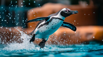 Obraz premium A playful penguin leaps joyfully through water in a vibrant aquatic setting, showcasing nature's charm during a lively sunny afternoon