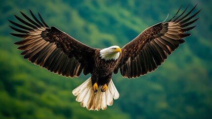 Fototapeta premium A majestic bald eagle soars gracefully over a lush green landscape, wings fully extended, gliding effortlessly in search of its next meal during golden hour