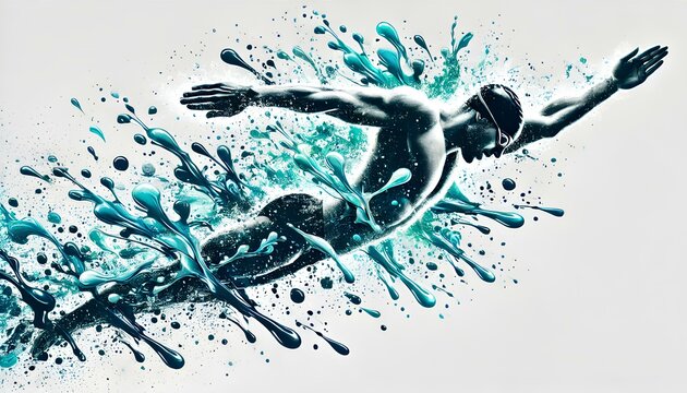 A swimmer mid-dive with dynamic blue and aqua splashes, highlighting motion and energy on a white background.