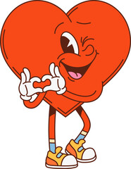 Groovy math heart geometric figure character. Saint Valentine holiday comical isolated mascot, winking human heart cute cartoon vector personage, love and romance symbol isolated groovy character