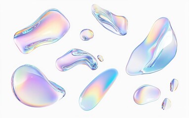 Obraz premium Colorful translucent bubbles reflect light in varied shapes against a white background, showcasing their unique textures and hues