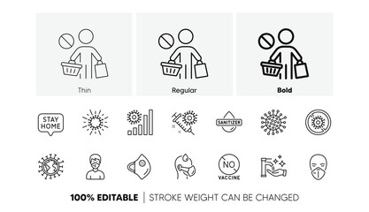 Hands sanitizer, medical protective mask, no vaccine. Coronavirus line icons set. Stay home, washing hands hygiene, coronavirus epidemic mask icons. Covid-19 virus pandemic. Line icons set. Vector