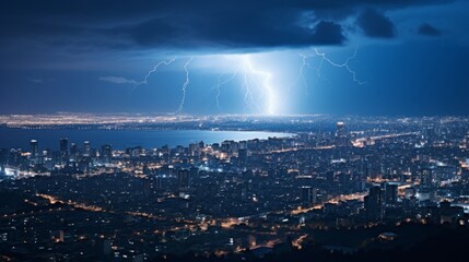 Dramatic urban thunderstorm  brilliant lightning and torrential rain illuminate the night sky