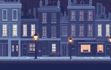 Naklejka premium Quiet evening in a quaint street featuring illuminated windows and vintage lamps during twilight in an urban setting