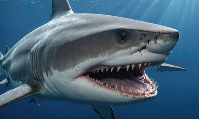 Fototapeta premium A great white shark swims through the ocean with its mouth open, revealing rows of sharp teeth