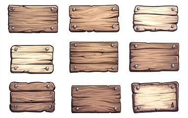 Various wooden signboards displayed in different styles, showcasing unique textures and colors suitable for rustic settings