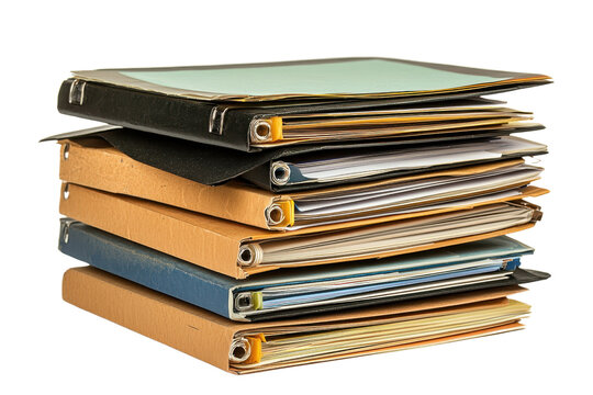 A stack of assorted folders containing various pages, showcasing a mix of colors and textures.