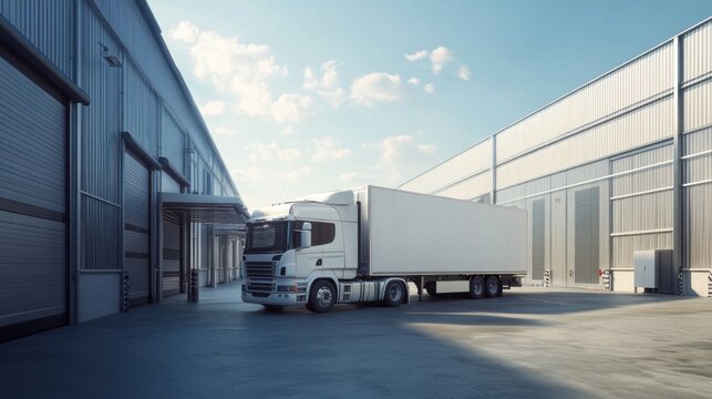 A white semi truck is parked in front of a building. The building is a warehouse