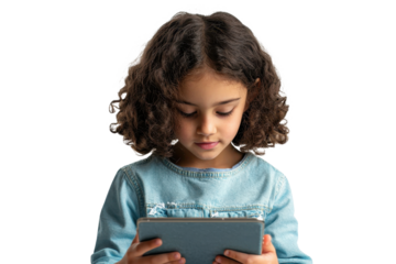 A young girl focused on a tablet, displaying curiosity and engagement while interacting with the screen.