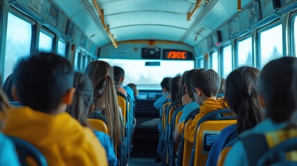 Naklejka premium A group of children sit on a school bus facing forward with their backs to the camera.