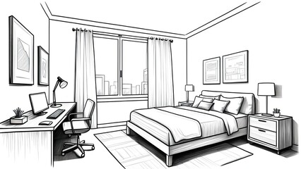 Sketch of a small bedroom with a dedicated workspace for efficient home zoning.