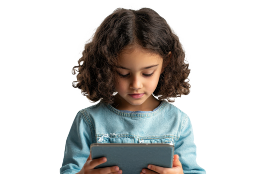 A young girl focused on a tablet, displaying curiosity and engagement while interacting with the screen.