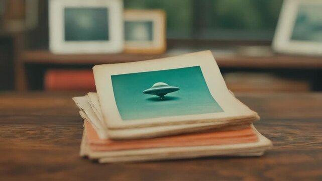 Vintage UFO photographs and classified documents on wooden table. Conspiracy theory archives. Mysterious alien research concept. Government files scene