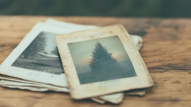 Vintage UFO photographs and forest landscape images in old album. Mysterious archives concept. Paranormal research footage. Conspiracy documents scene