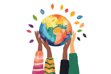 Colorful hands uplift a vibrant globe, symbolizing unity and global care through diverse participation.