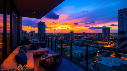 Fototapeta premium Stunning sunset cityscape from a high-rise balcony