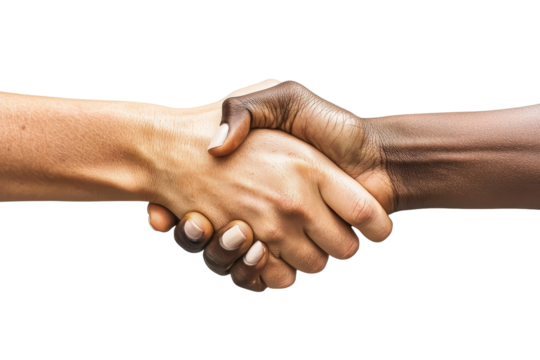 A close-up of two hands shaking, symbolizing partnership and unity between diverse individuals.