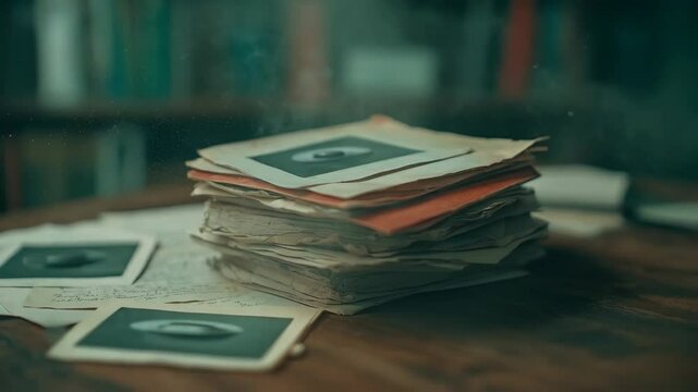 Stack of classified UFO investigation files and photographs. Vintage government archive concept. Mysterious research documents. Conspiracy theory scene