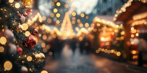 A vibrant Christmas market scene filled with twinkling lights and festive decorations. The blurred background enhances the cozy atmosphere. Perfect for holiday designs and winter celebrations. AI