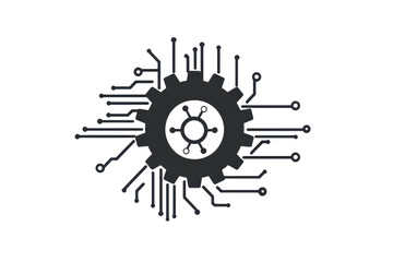A stylized gear emblem with circuit lines radiating outward, symbolizing technology and innovation.