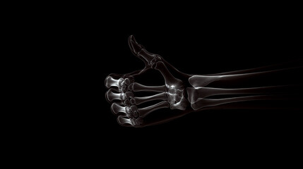 Obraz premium X-ray image of a hand showing a thumbs-up gesture against a black background. Concept medical anatomy, positivity, and approval.