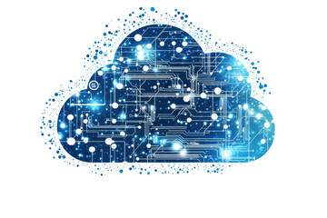 A digital cloud featuring circuitry patterns and glowing nodes that symbolize data flow and connectivity.