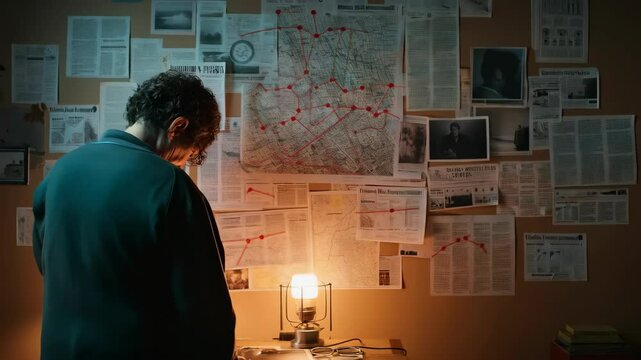 Private investigator examining crime evidence wall at night. Detective mystery research scene. Criminal investigation concept. Conspiracy theory footage