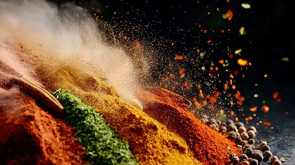   A mound of assorted colored powders adjacent to a conical of colorful granules and an elongated wooden spatula protruding from the latter