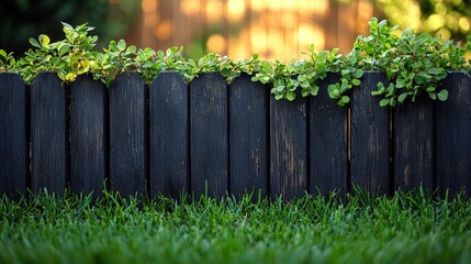 A wooden fence adorned with greenery, set against a backdrop of grass and blurred background.