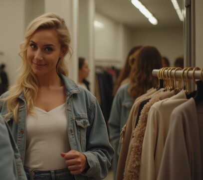 A close-up view of a couple in a fitting room, with one partner trying on a stylish outfit while the other offers compliments and feedback, surrounded by mirrors and clothing racks.