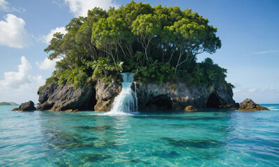 Fototapeta na wymiar A waterfall cascades into the turquoise waters of a secluded island, creating a breathtaking scene