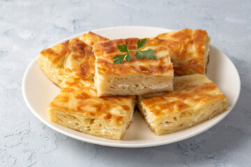 Delicious Turkish food; Tray pastry; (Turkish name; Su boregi)