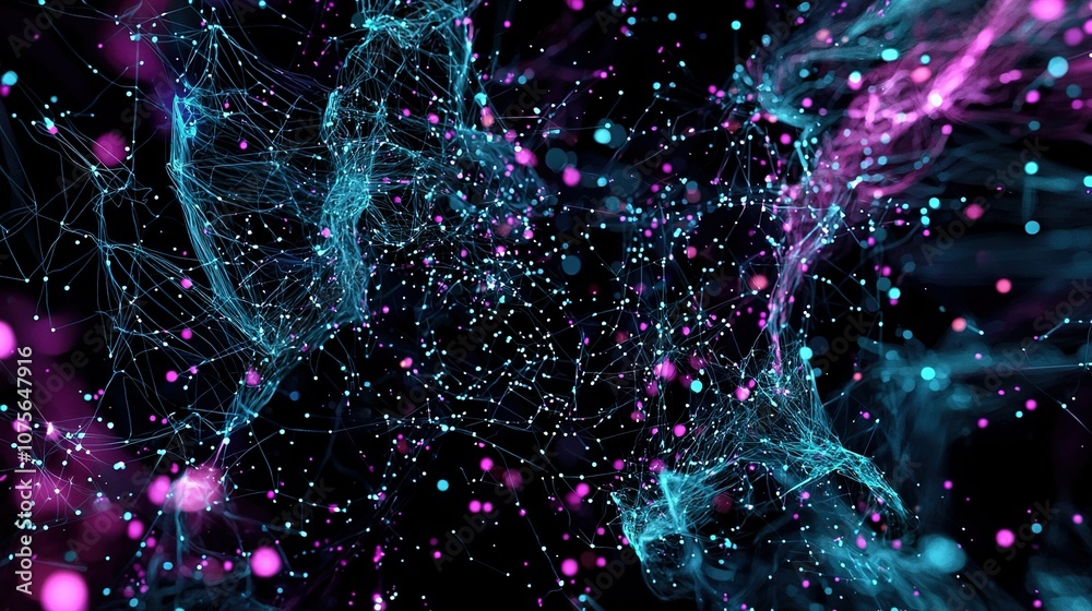 Poster abstract digital network design with colorful particles and lines illustrating connectivity and data