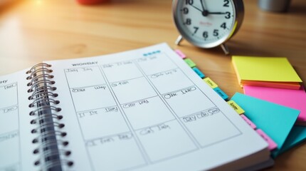 A close-up view of a planner open to a weekly schedule, with a clock and colorful sticky notes placed beside it on a wooden desk.