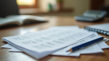 Obraz premium A close-up view of a stack of practice exam papers on a wooden desk, with a pencil and a calculator beside them.