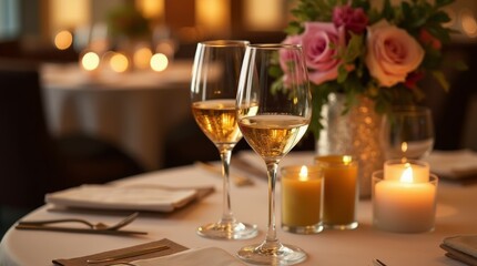 A close-up view of two elegantly designed wine glasses clinking together in a softly lit restaurant setting, with a beautifully set table in the background adorned with candles and flowers.